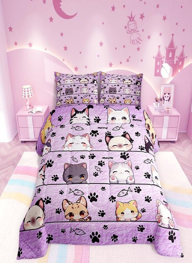 Man Fei Manfei Cartoon Cat Twin Size Comforter Set,Kitten Kitty Pet Purple Quilt Set Soft Bed Collection,Cute Animals Bedding Comforter for Boys Girls Room Decor,2 Pcs - Image 1