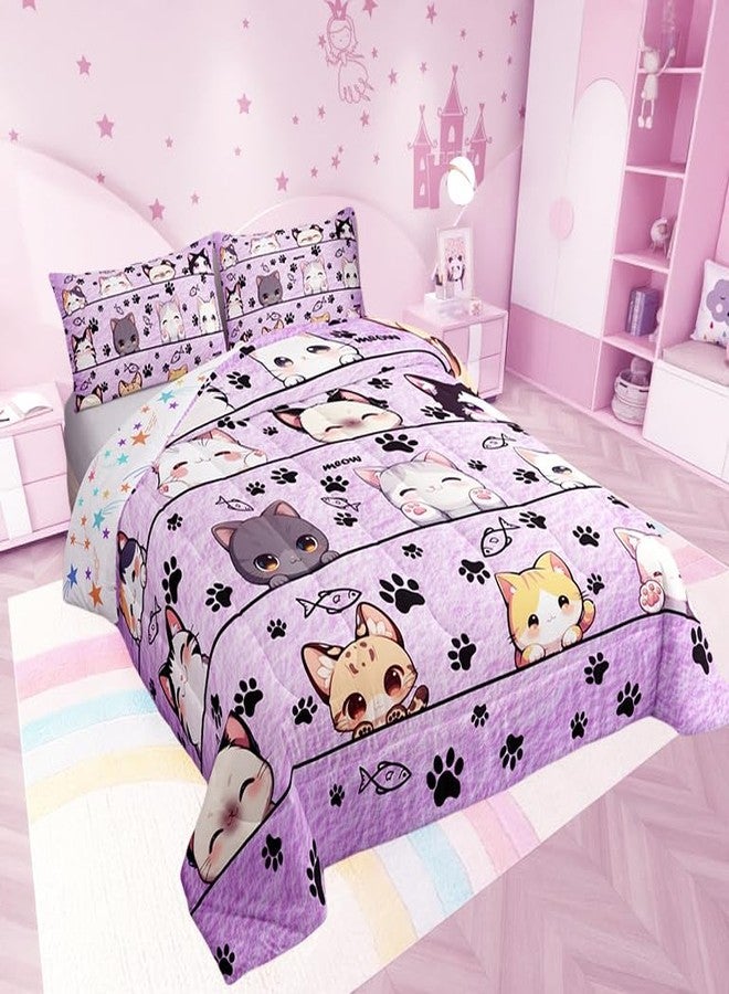 Man Fei Manfei Cartoon Cat Twin Size Comforter Set,Kitten Kitty Pet Purple Quilt Set Soft Bed Collection,Cute Animals Bedding Comforter for Boys Girls Room Decor,2 Pcs - Image 4