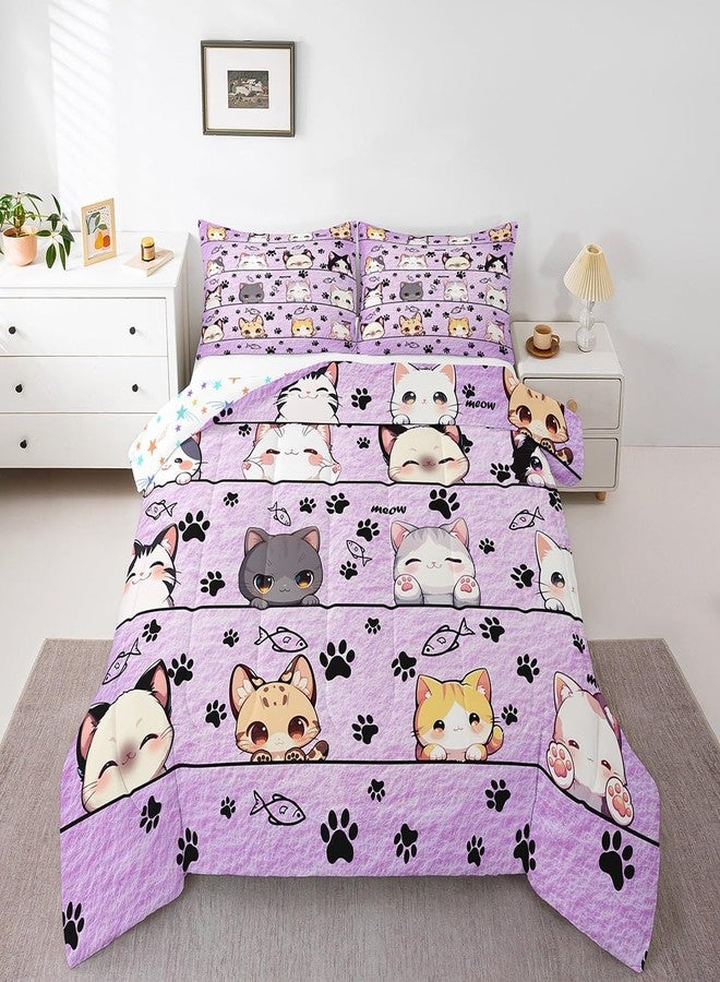 Man Fei Manfei Cartoon Cat Twin Size Comforter Set,Kitten Kitty Pet Purple Quilt Set Soft Bed Collection,Cute Animals Bedding Comforter for Boys Girls Room Decor,2 Pcs - Image 3