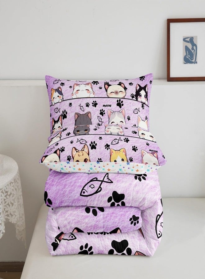 Man Fei Manfei Cartoon Cat Twin Size Comforter Set,Kitten Kitty Pet Purple Quilt Set Soft Bed Collection,Cute Animals Bedding Comforter for Boys Girls Room Decor,2 Pcs - Image 5