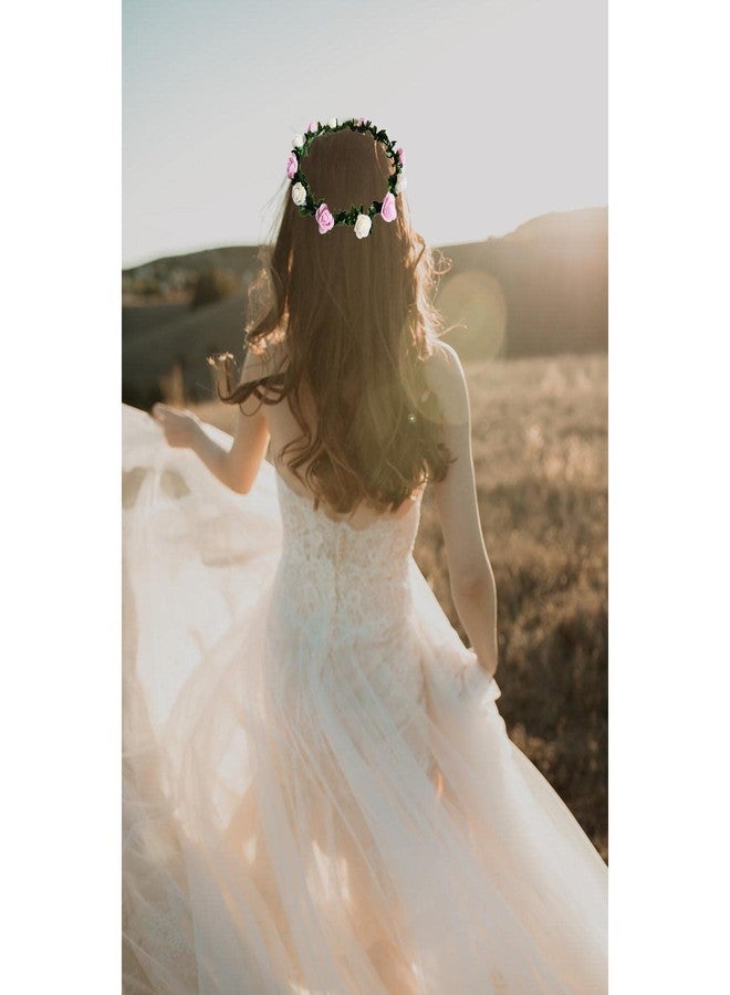 SYGA 12 Artificial Foam Fabric Flower Crown Tiara Headband Head Garland Floral Hair Festival for Princess, Girls - White & Pink - Image 5