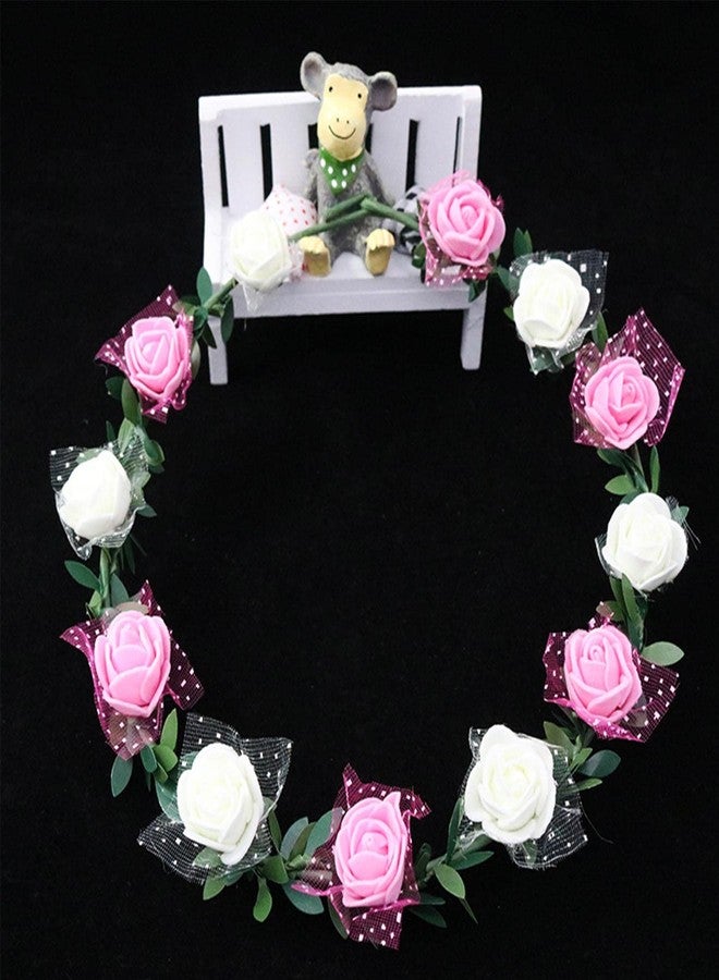 SYGA 12 Artificial Foam Fabric Flower Crown Tiara Headband Head Garland Floral Hair Festival for Princess, Girls - White & Pink - Image 2