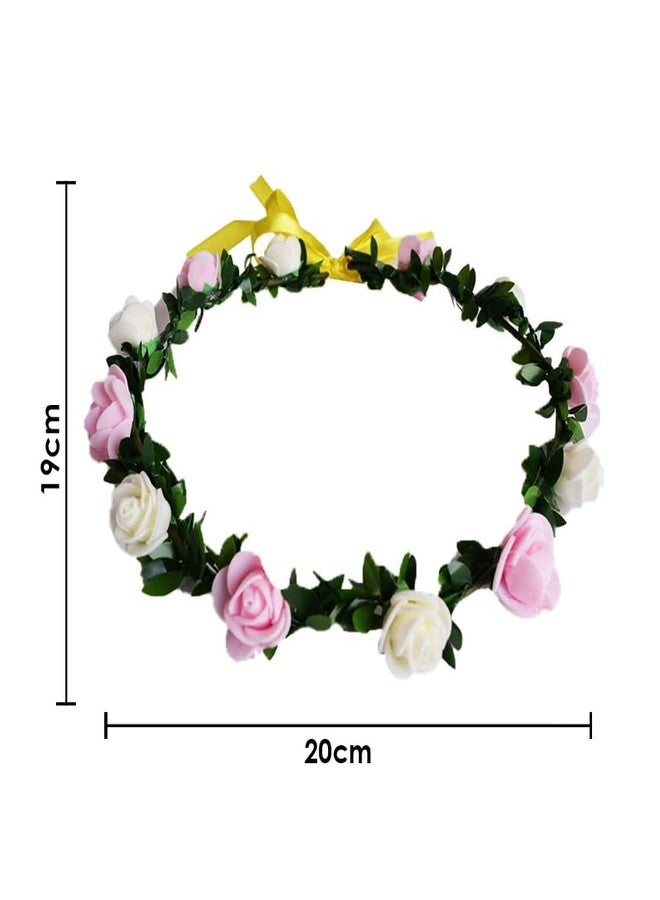 SYGA 12 Artificial Foam Fabric Flower Crown Tiara Headband Head Garland Floral Hair Festival for Princess, Girls - White & Pink - Image 4