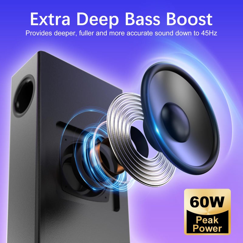 Nylavee Computer Speakers with Subwoofer, 2.1 PC Speakers System with Bluetooth 5.4 & 3.5mm Aux-in, 60W Peak Power, AC Adapter Powered Computer Sound Bar for Desktop PC, Laptop, Monitor, Gaming - Image 3