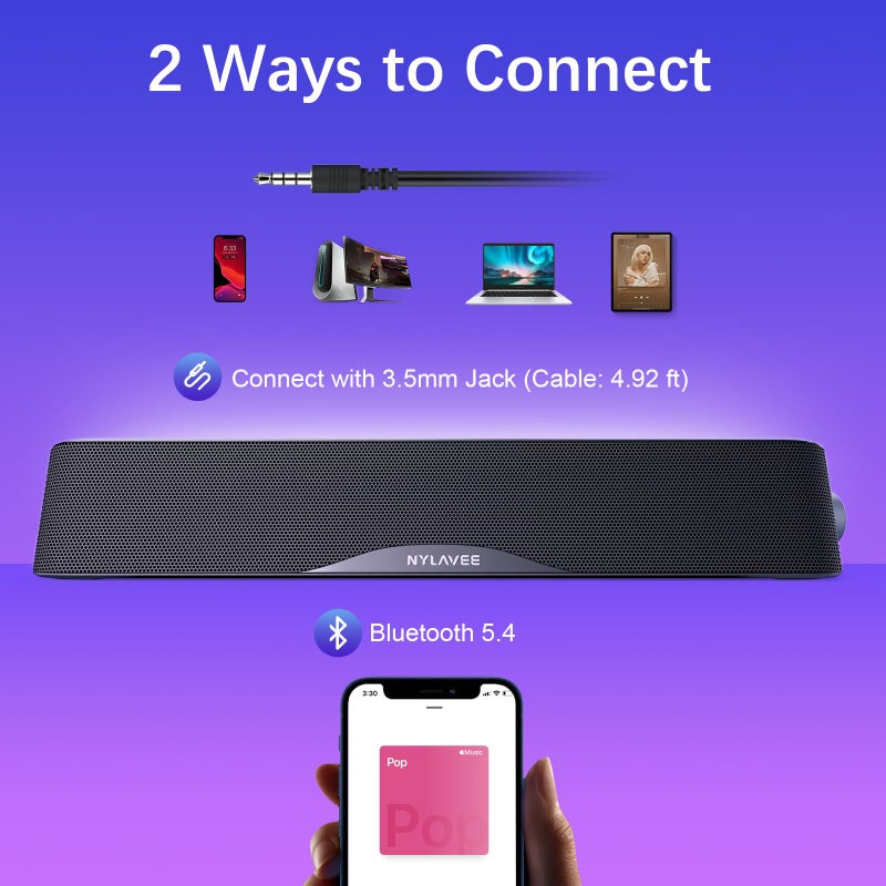 Nylavee Computer Speakers with Subwoofer, 2.1 PC Speakers System with Bluetooth 5.4 & 3.5mm Aux-in, 60W Peak Power, AC Adapter Powered Computer Sound Bar for Desktop PC, Laptop, Monitor, Gaming - Image 4