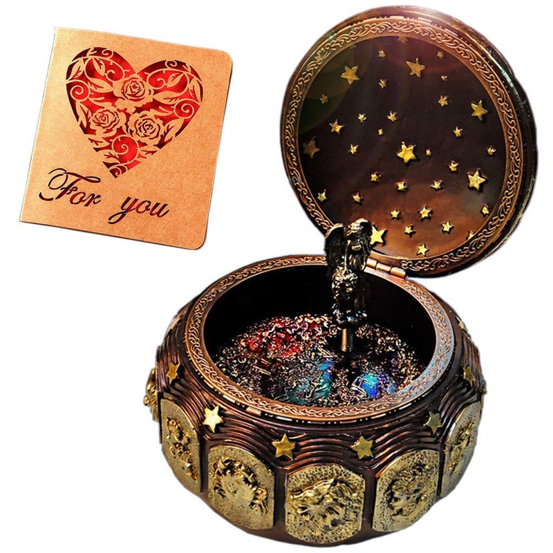 Briskfeel Vintage Music Box with Constellations Rotating Goddess LED Lights Twinkling Resin Carved Mechanism Musical Box with Sankyo 18Note Wind Up Signs of The Zodiac Gift for Birthday A1 Vintage