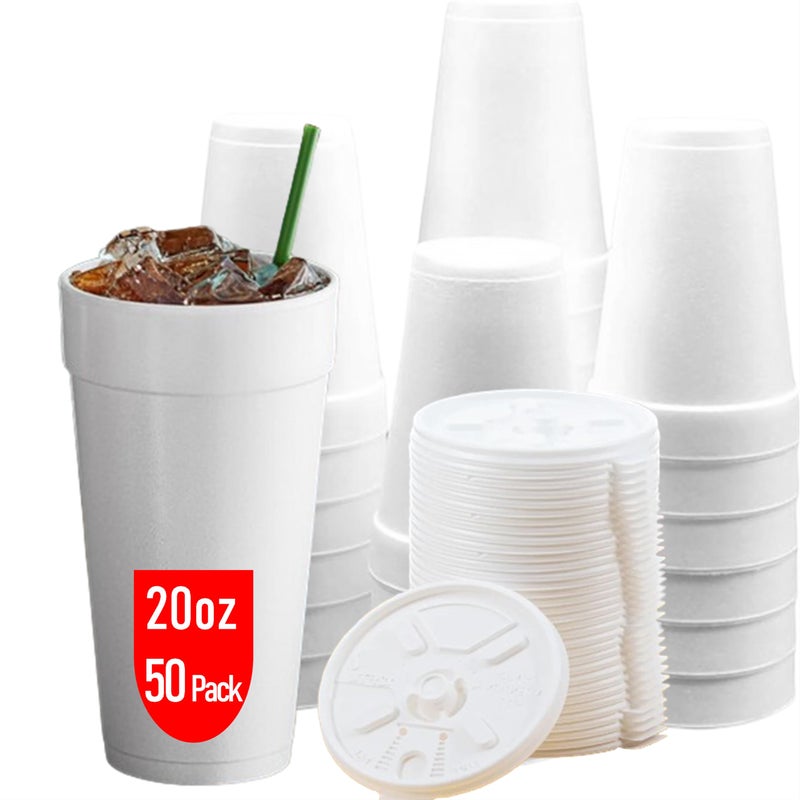 Mr. Miracle 20 OZ Foam Cups With Lids for Hot & Cold Drinks, USA-Made 50-Pack. Ideal Styrofoam Coffee Cups, Insulating To-Go Cups for Soda, Tea, Juice - Sturdy, Disposable & comparable to Industry standard 20J20 - Image 1