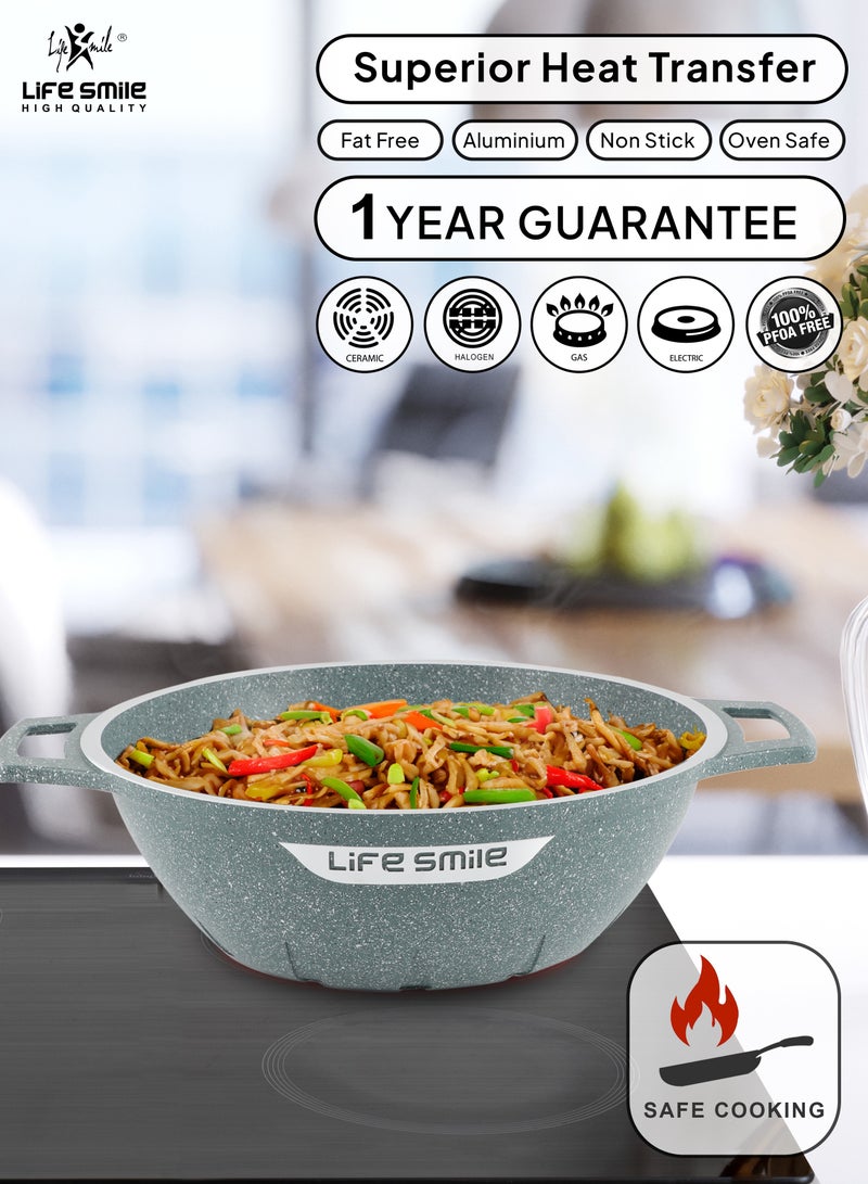 Life Smile 32cm (6.1 Liter) LIFE SMILE Wok Pan with Glass Lid - Induction Bottom Safe Frying Pan Double Handle with Durable Non-Stick Granite Coating - Oven Safe Fry Pan With Wooden Turner  - Image 5