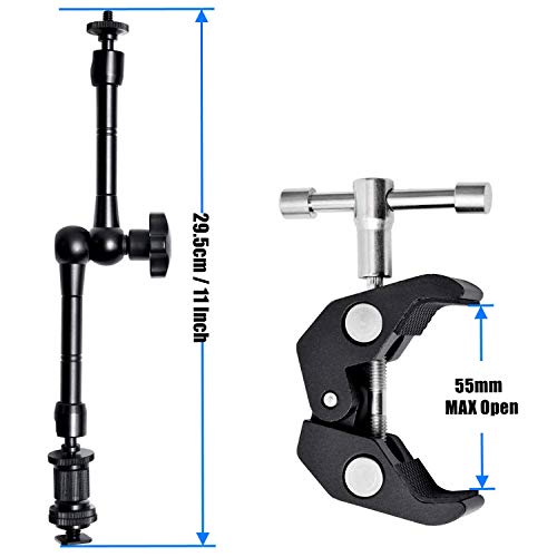 WANBY 11 Inch Articulating Friction Magic Arm Adjustable w/Hot Shoe Mount 1/4'' Tripod Screw for Camera Rig, LCD Monitor, LED Flash Lights (11'Arm & Clip) - Image 3