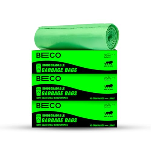 Beco Eco-Friendly Garbage Bags | 45 Pcs | Large- 24 x 32 Inches | 15 Bags x 3 Rolls | Green | Dustbin/Trash Bags with Detachable Drawstrings | For Dry & Wet waste - Image 1
