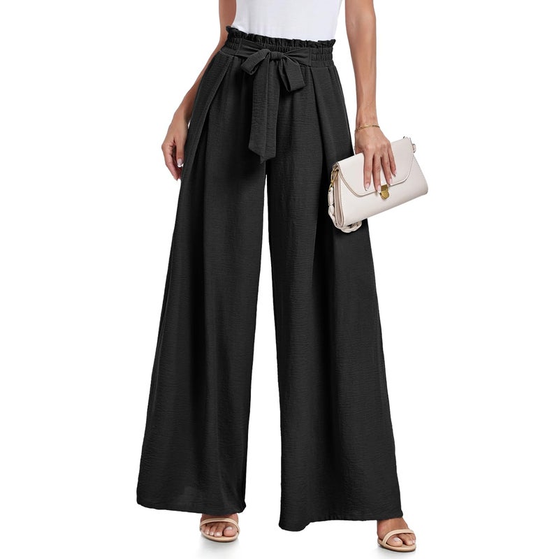 Lepunuo Women's Wide Leg Palazzo Lounge Pants with Pockets Light Weight Loose Comfy Casual Pants A - Black - Image 1