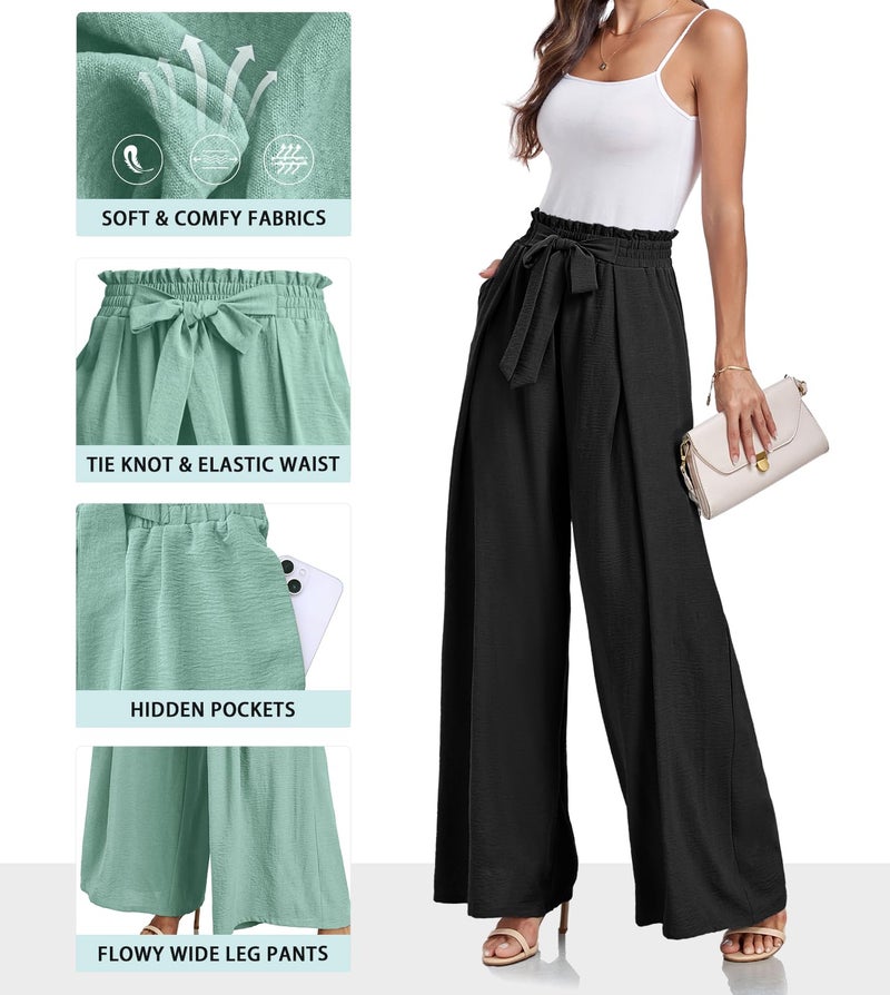 Lepunuo Women's Wide Leg Palazzo Lounge Pants with Pockets Light Weight Loose Comfy Casual Pants A - Black - Image 3