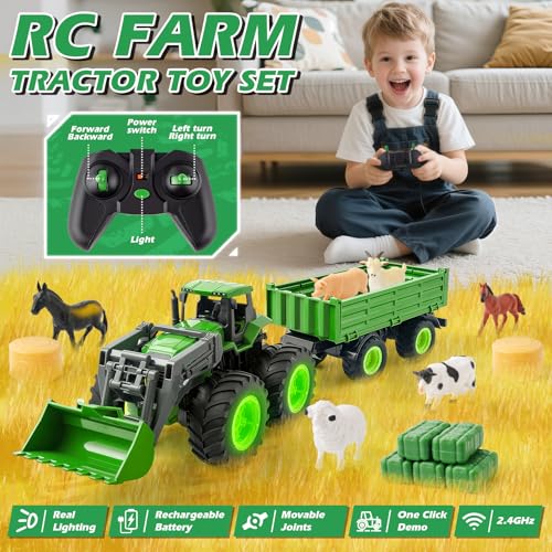 IJIGU Remote Control Tractor Toy Set with Trailer Farm Accessories Light Up Farm Truck Toys for Boys Girls 3 4 5 6 7 Year Old 24 Ghz RC Tractor Toys Ideal Christmas Birthday Gifts for Kids - Image 5