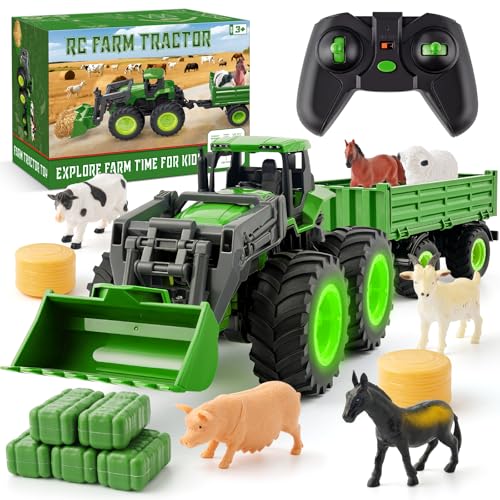 IJIGU Remote Control Tractor Toy Set with Trailer Farm Accessories Light Up Farm Truck Toys for Boys Girls 3 4 5 6 7 Year Old 24 Ghz RC Tractor Toys Ideal Christmas Birthday Gifts for Kids - Image 1
