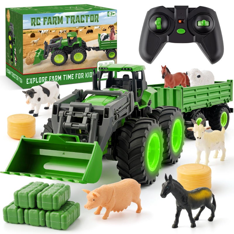 IJIGU Remote Control Tractor Toy Set with Trailer Farm Accessories Light Up Farm Truck Toys for Boys Girls 3 4 5 6 7 Year Old 24 Ghz RC Tractor Toys Ideal Christmas Birthday Gifts for Kids - Image 3