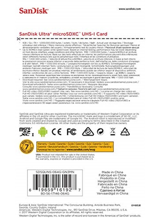 B074B4BFHJ بطاقة microSDXC من SanDisk Ultra SDSQUNS-064G-GN3MN سعة 64 جيجابايت بسرعة 80 ميجابايت/ثانية UHS-I فئة 10 - Image 3