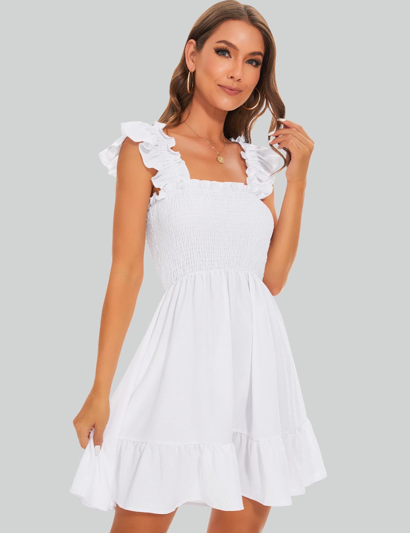 ROYLAMP Women's Smocked Dresses Square Neck Elegant Tiered Boho Ruffle Shoulder Swing Flowy Summer Casual Mini Dress White S - Image 5