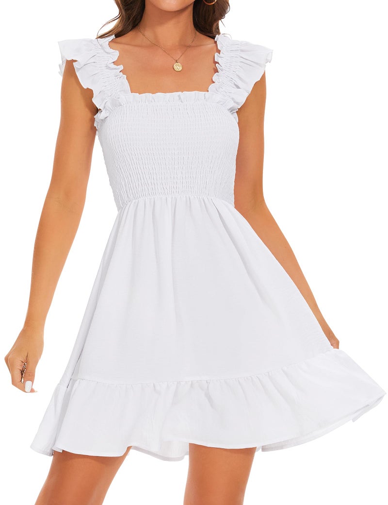 ROYLAMP Women's Smocked Dresses Square Neck Elegant Tiered Boho Ruffle Shoulder Swing Flowy Summer Casual Mini Dress White S - Image 1