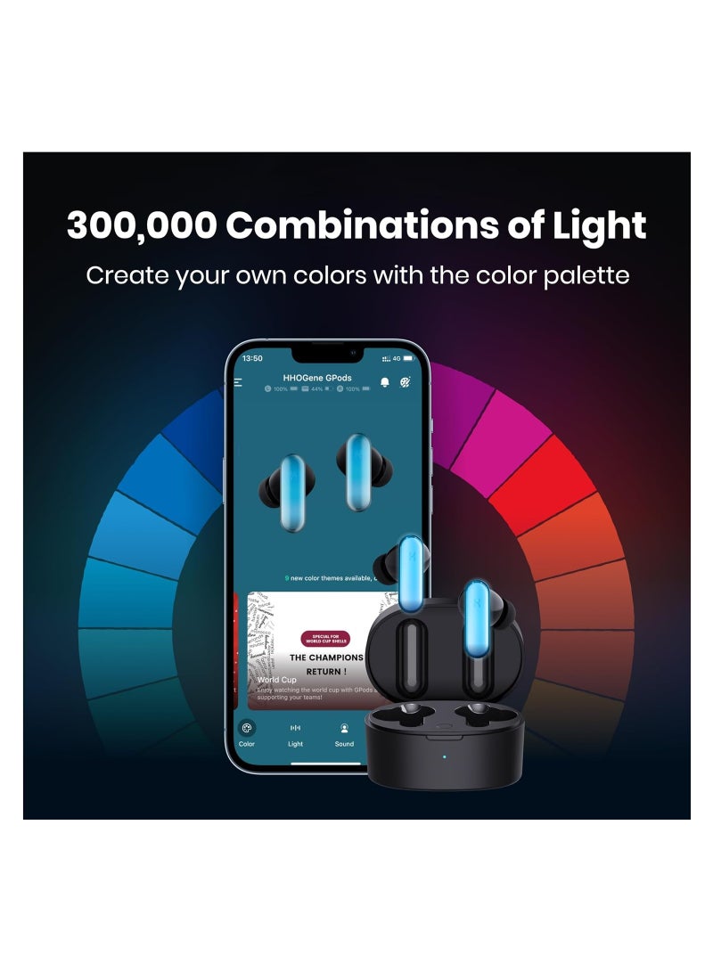 Gpods RGB Wireless Earbuds with Led Light Control, Noise Cancelling Bluetooth Earphones in Ear with Fast Charging Case, IPX4 Sweatproof Sport Gaming Hiking Traveling for iPhone & Android Black