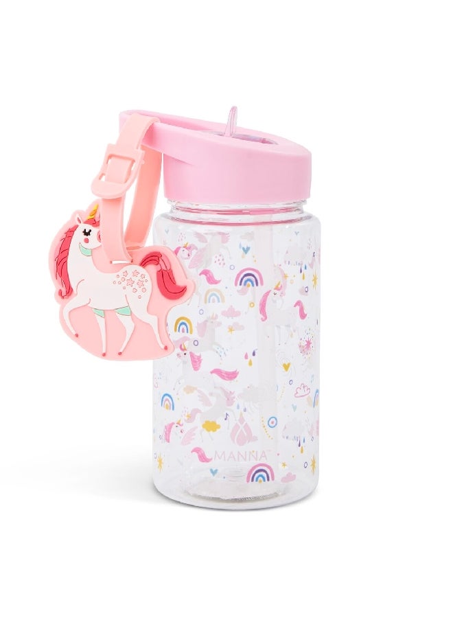 MANNA Buddy Unicorn Themed Design Water Bottle with Strap Clear and Pink 15 oz AC55347