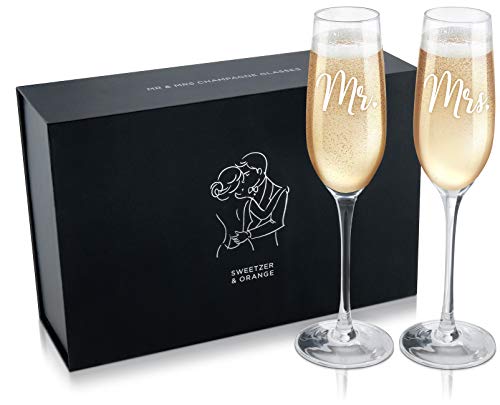 Sweetzer & Orange Bride and Groom Champagne Glasses (8 oz) Engraved Mr and Mrs Glasses for Wedding Glasses and Toasting Flutes, Bridal Shower Gifts, Engagement Gift. Boxed Mr and Mrs Gifts - Image 1