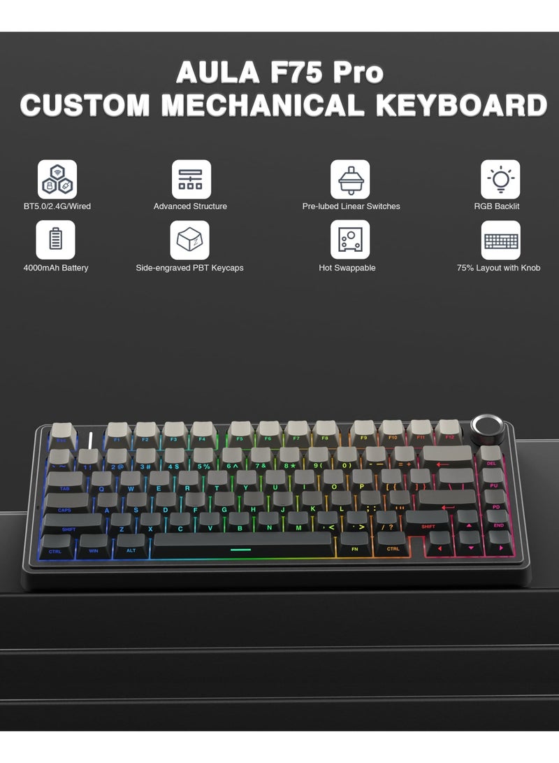 AULA F75 Wireless Gaming Keyboard 2.4 GHz Type-C BT5.0 Mechanical Keyboard Side Engraved Five Layer Padding Structure Hot-Swap - Image 2