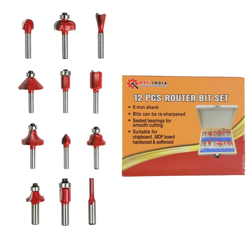 MAF PRO MAF PRO 12Pcs Premium Router Bit Set 8mm Shank Professional Quality with Wooden Case 12 Bits  - Image 3