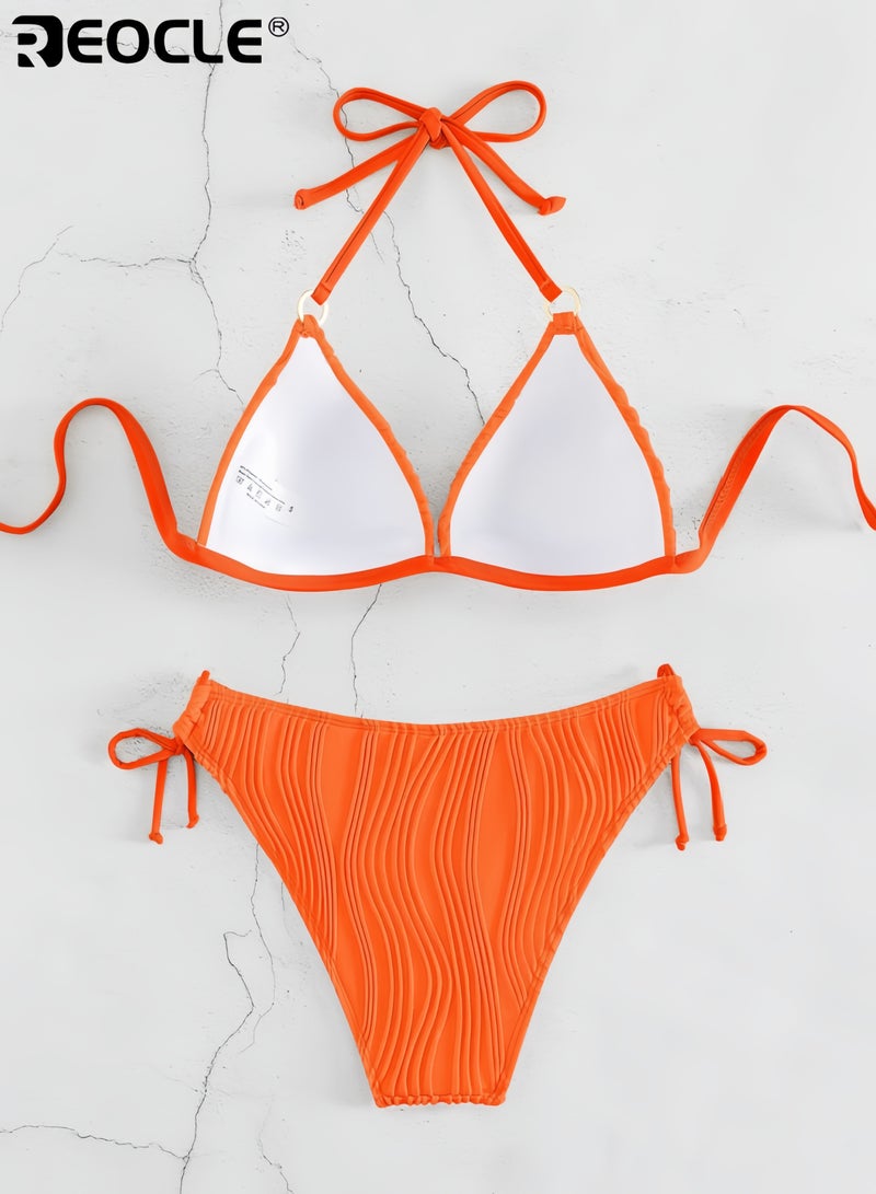 REOCLE Women's Bikini Sets Two Piece Swimsuit Plunge Neck Cheeky Bottom Triangle Top Halter Double Strap Textured  - Image 5