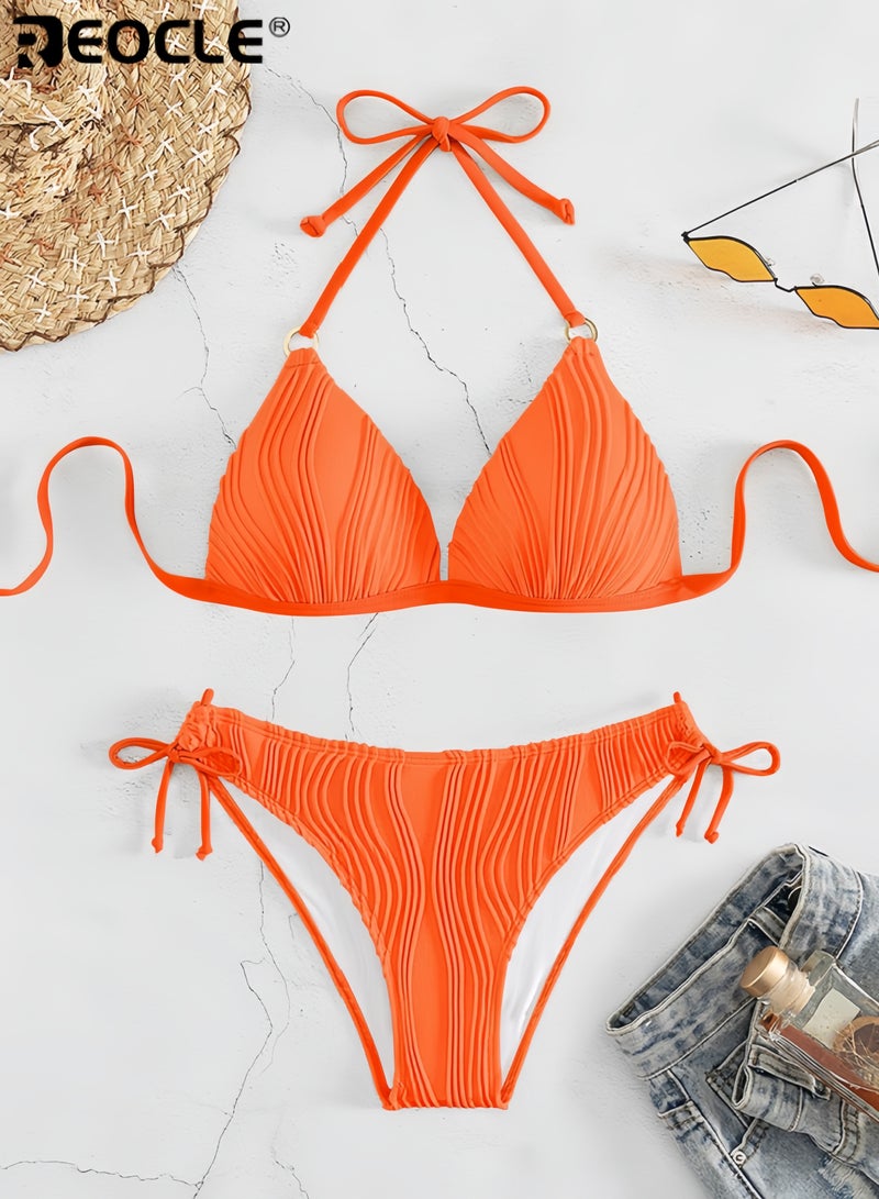 REOCLE Women's Bikini Sets Two Piece Swimsuit Plunge Neck Cheeky Bottom Triangle Top Halter Double Strap Textured  - Image 4