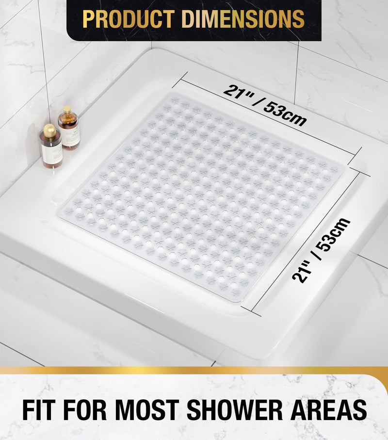 HITSLAM Shower Mat Anti Slip, Square Bath Mat for Tub Non Slip with Suction Cups and Drain Holes, 21x21 Inch Bathroom Shower Stall Floor Mat, Machine Washable, Soft on Feet, Clear - Image 2