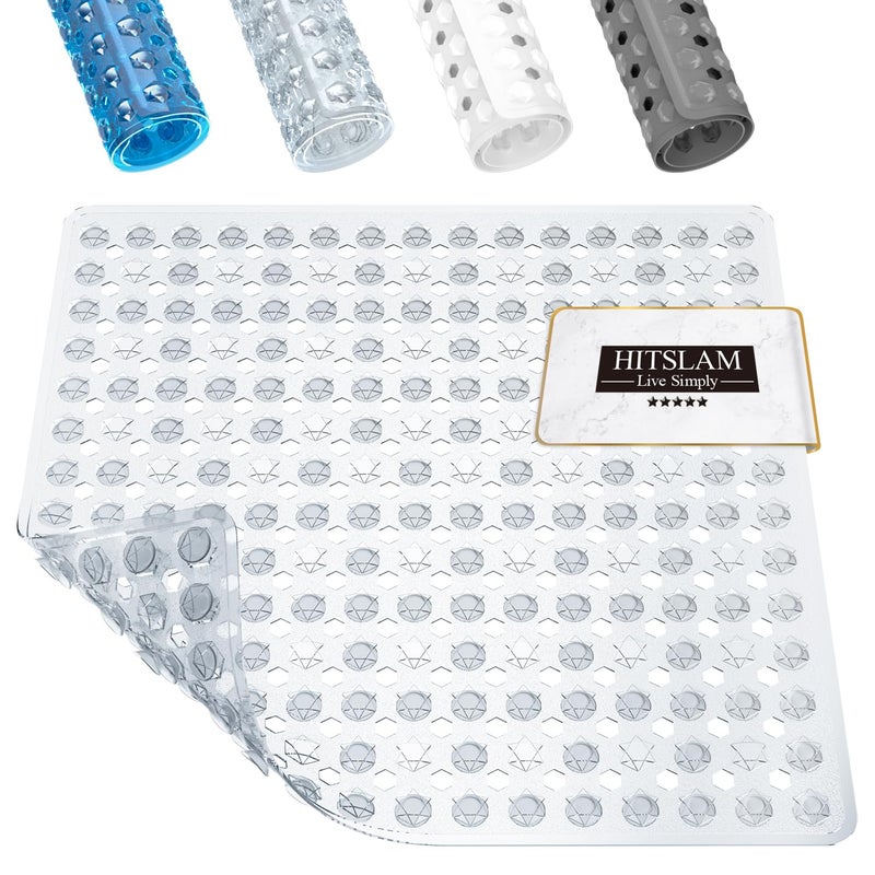 HITSLAM Shower Mat Anti Slip, Square Bath Mat for Tub Non Slip with Suction Cups and Drain Holes, 21x21 Inch Bathroom Shower Stall Floor Mat, Machine Washable, Soft on Feet, Clear - Image 1