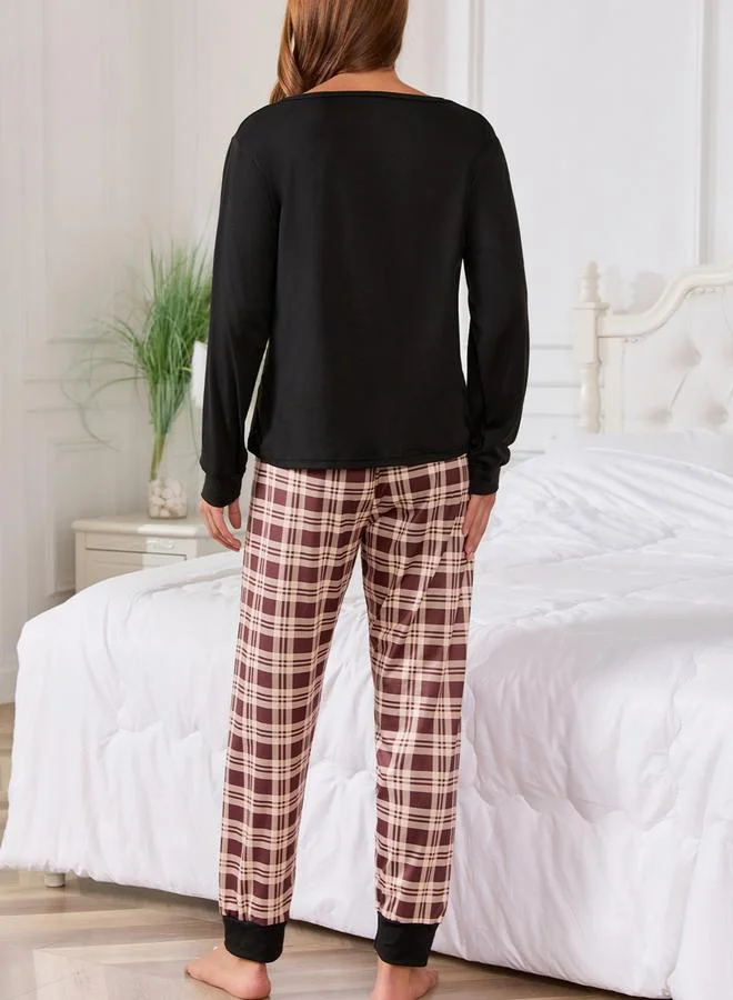 Take Two Black Coffee Graphic T-Shirt and Checked Pyjama Set
