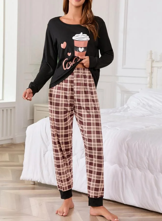 Take Two Black Black Coffee Graphic T-Shirt and Checked Pyjama Set for Women | Best Price UAE