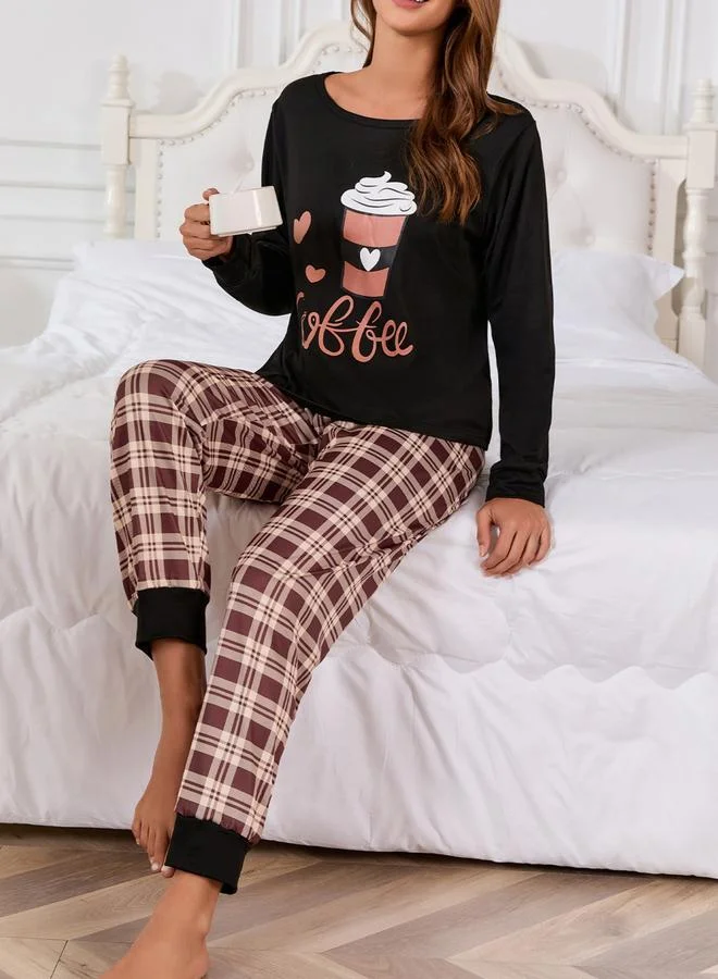 Take Two Black Black Coffee Graphic T-Shirt and Checked Pyjama Set for Women | Best Price UAE