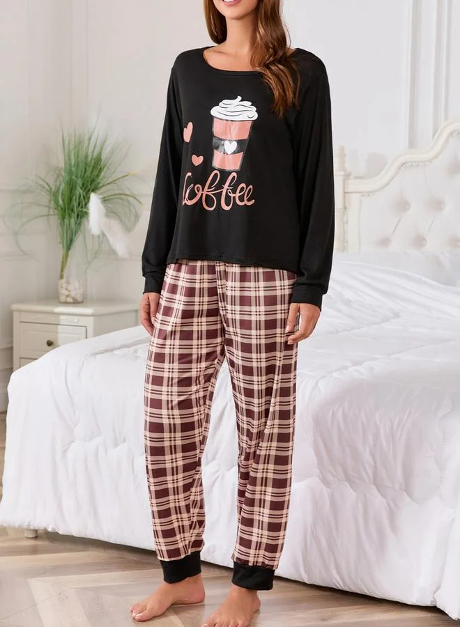 Take Two Black Black Coffee Graphic T-Shirt and Checked Pyjama Set for Women | Best Price UAE