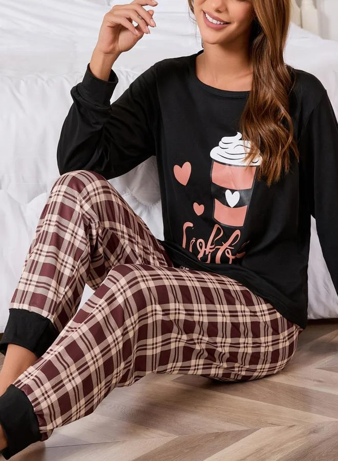 Take Two Black Coffee Graphic T-Shirt and Checked Pyjama Set