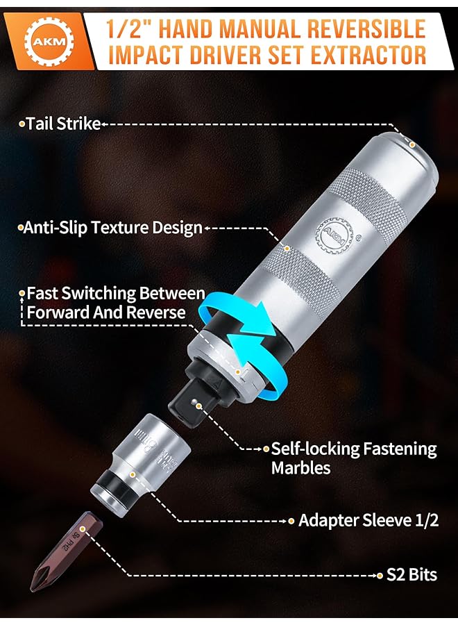 AKM مجموعة مفكات براغي يدوية عكسية مقاس 1/2 بوصة، 12 قطعة مفك براغي صدمي S2 من الفولاذ أكثر متانة لفك المثبتات الصدئة أو البراغي المجمدة - Image 4