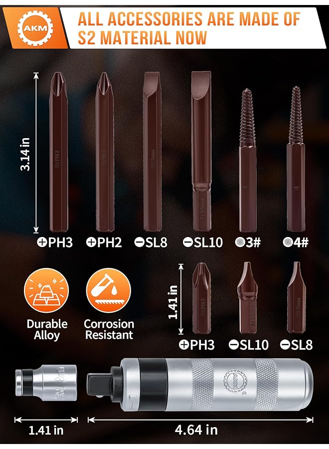 AKM مجموعة مفكات براغي يدوية عكسية مقاس 1/2 بوصة، 12 قطعة مفك براغي صدمي S2 من الفولاذ أكثر متانة لفك المثبتات الصدئة أو البراغي المجمدة - Image 2