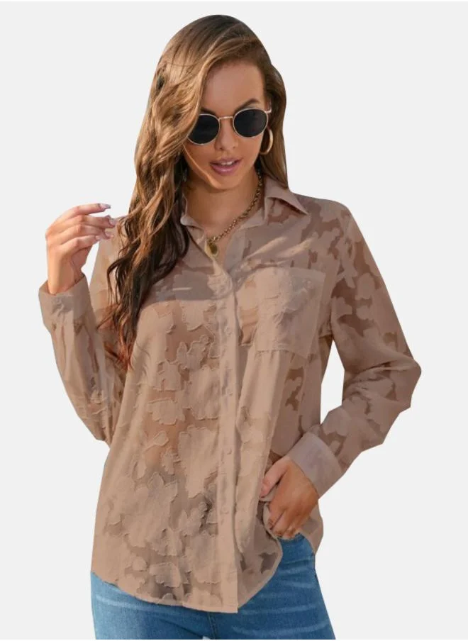 يونيكي Brown Floral Self Design Cuffed Sleeves Chiffon Shirt Style Top