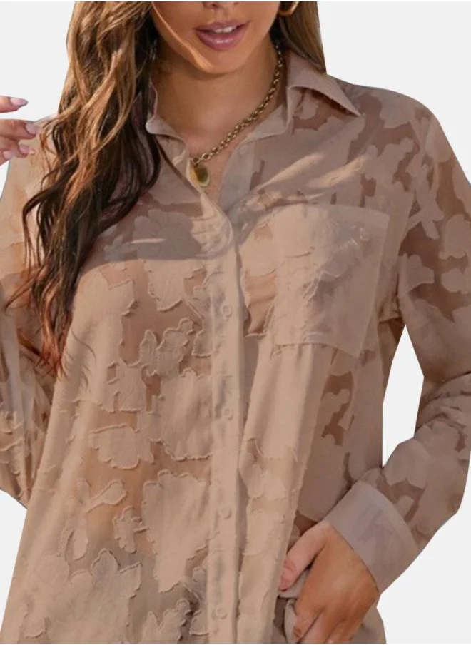 يونيكي Brown Floral Self Design Cuffed Sleeves Chiffon Shirt Style Top