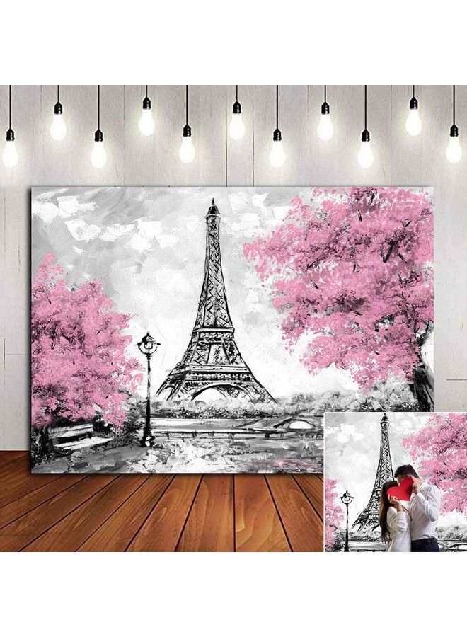 Fanghui Pink Gray Flowers Photography Backdrop Vinyl 7X5Ft For Children Paris Eiffel Themed Birthday Party Banner Valentines Day Photo Booths Studio Props Photo Background Cake Table Supplies - Image 1
