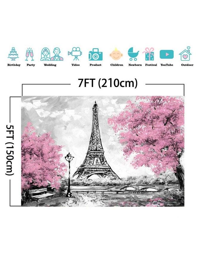 Fanghui Pink Gray Flowers Photography Backdrop Vinyl 7X5Ft For Children Paris Eiffel Themed Birthday Party Banner Valentines Day Photo Booths Studio Props Photo Background Cake Table Supplies - Image 4