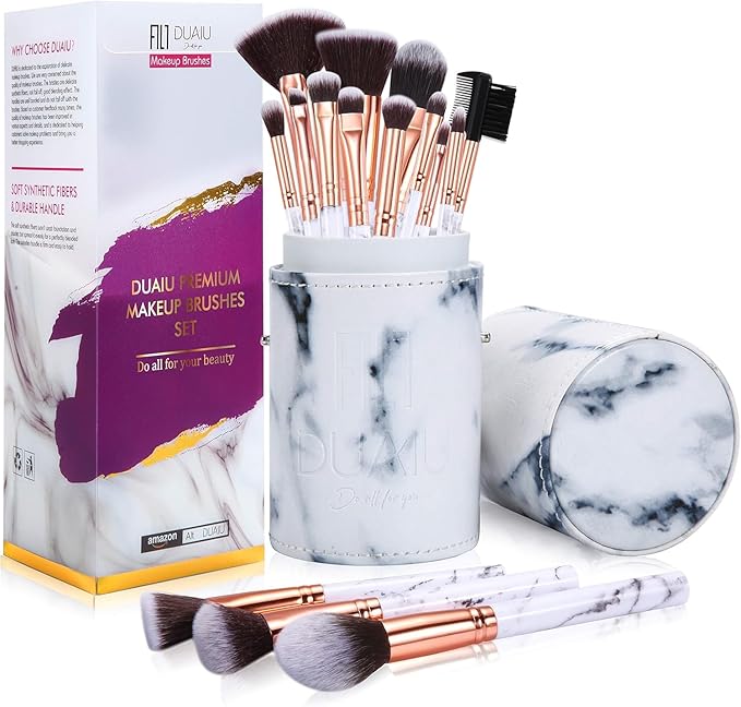 DUAIU Makeup Brushes DUAIU Makeup Brush Set Professional 15Piece Marble Make Up Brushes for Foundation Brush Powder Concealers and Eyeshadow Brush with Exquisite Marble Bucket Gift Box White - Image 1