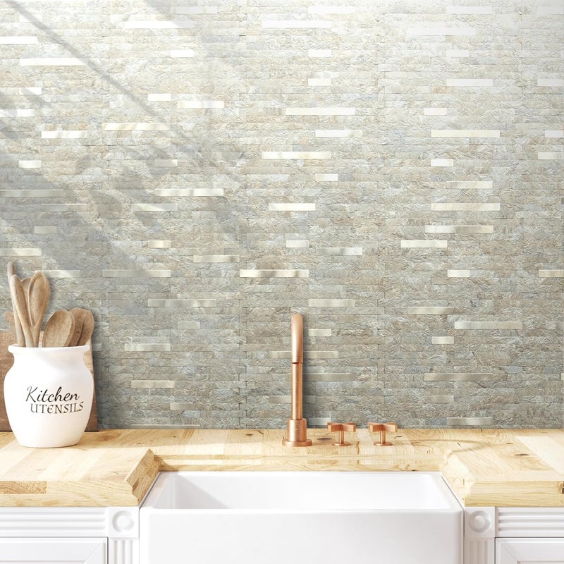 AULIGET 2 Sheets Faux Stone Peel and Stick Backsplash, Sandstone with Champagne Gold PVC Wall Tiles Stick on Backsplash for Kitchen - Image 2