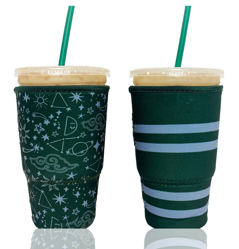 Baxendale and Co Reusable Neoprene Insulator Sleeves for Large Sized Iced Coffee and Cold Drink Cups (2 PK Large 32oz, Green Wanderlust) - Image 1