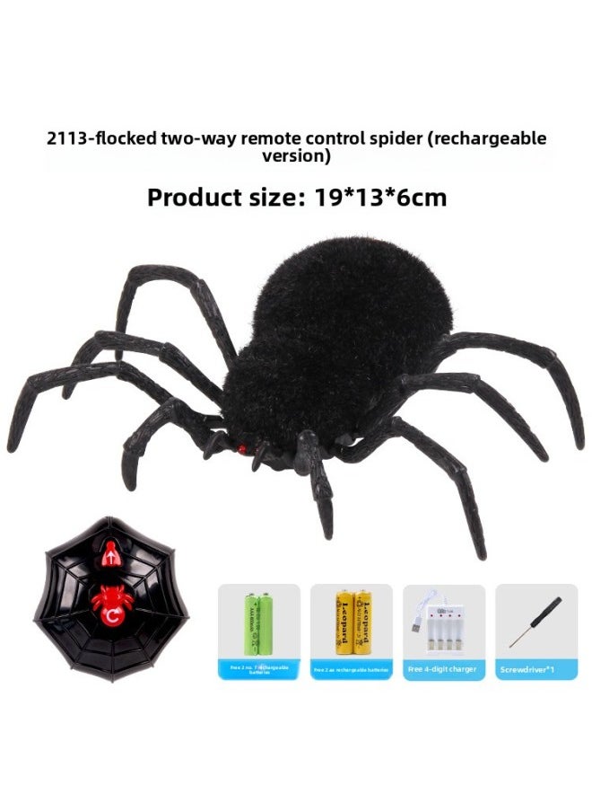 Simulation Remote Control Two-way Four-way Trick Spider Skeleton Tarantula Black Widow Mouse Rattlesnake Toy-Color:2113-flocking Two-way Control Spider (charging Version)  - Image 1