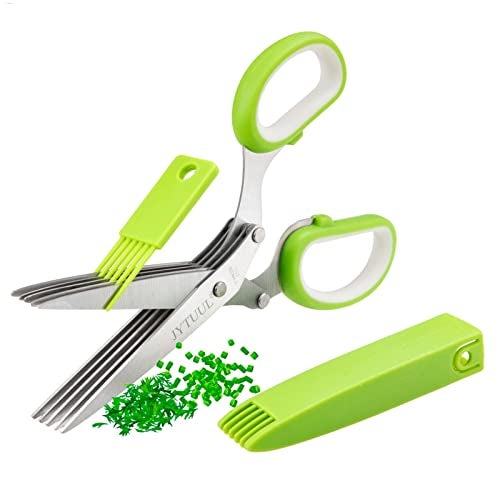 JYTUUL Herb Scissors, Multipurpose Sharp Kitchen Herb Cutter Shears with 5 Stainless Steel Blades, Safety Cover, Cleaning Comb, Cool Kitchen Gadgets for Cutting Fresh Garden Herbs, Dishwasher Safe - Image 1