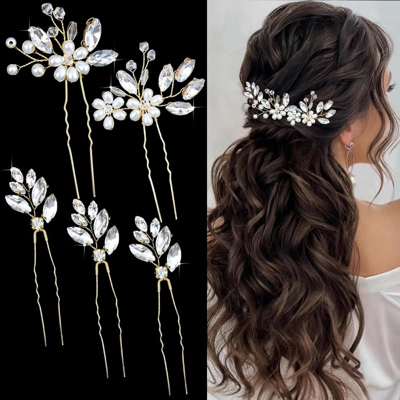 5 Pieces Bride Hair Pins Rhinestones Hair Accessories for Women Crystal Wedding Hair Piece for Bride Women Girls Bridesmaids Gold