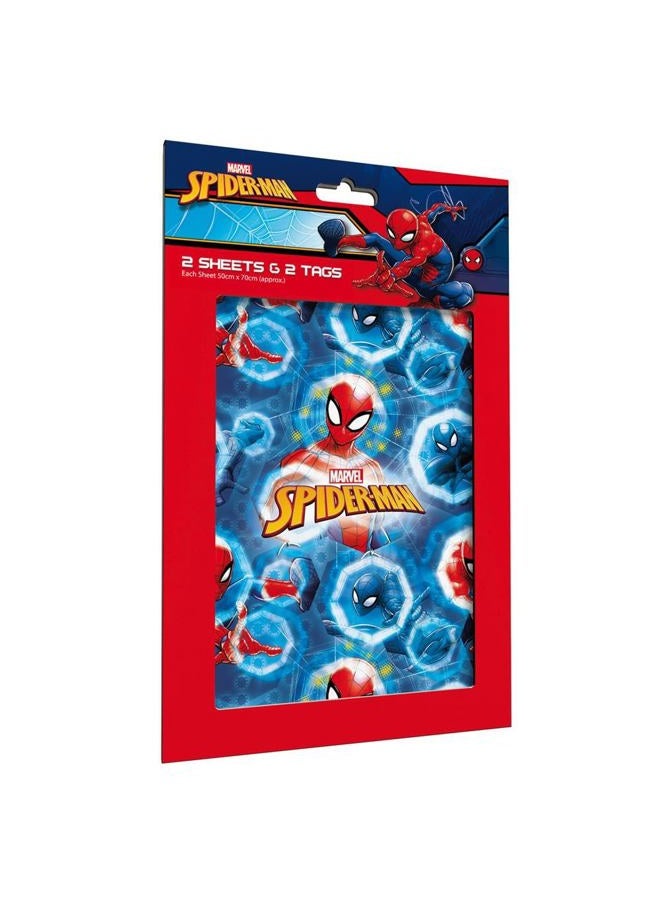 Spiderman Wrapping Paper 2 sheets Of Gift Wrap And 2 Gift Tags, blue, red