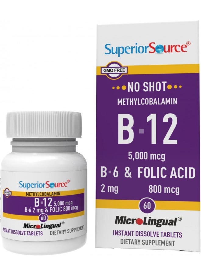 Superior Source Superior Source No Shot Vitamin B12 Methylcobalamin (5000 mcg), B6, Folic Acid, Quick Dissolve Sublingual Tablets, 60 Ct, Increase Energy, Healthy Heart, Boost Metabolism, Stress Support, Non-GMO  - Image 1